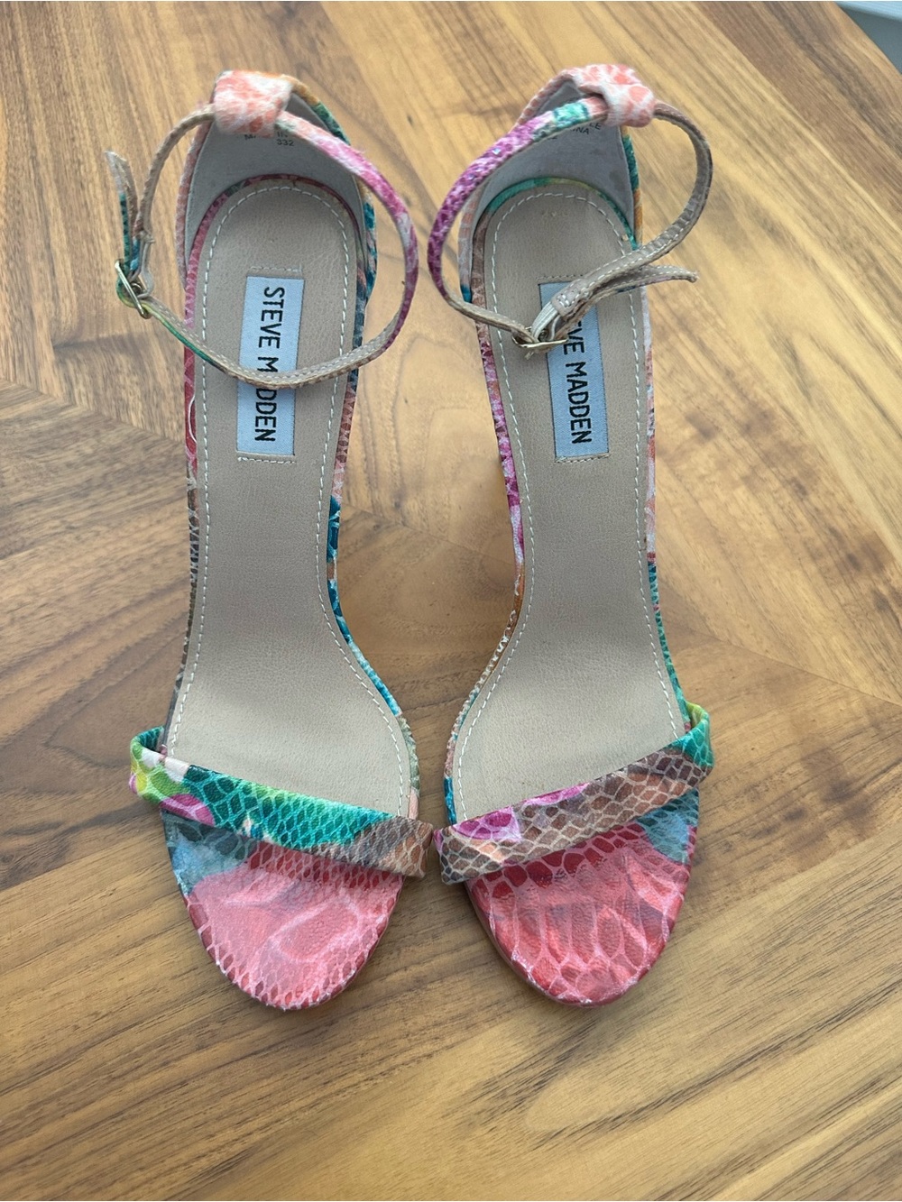 Steve Madden Multicolor Snake-Print Ankle-Strap Heels - Pink/Teal/Green